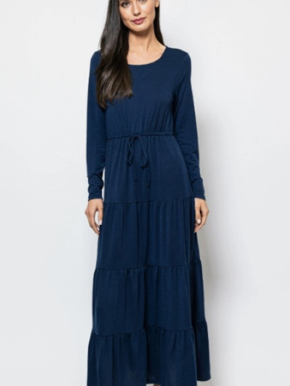 Women's Navy Long Sleeve Tiered Maxi Dress